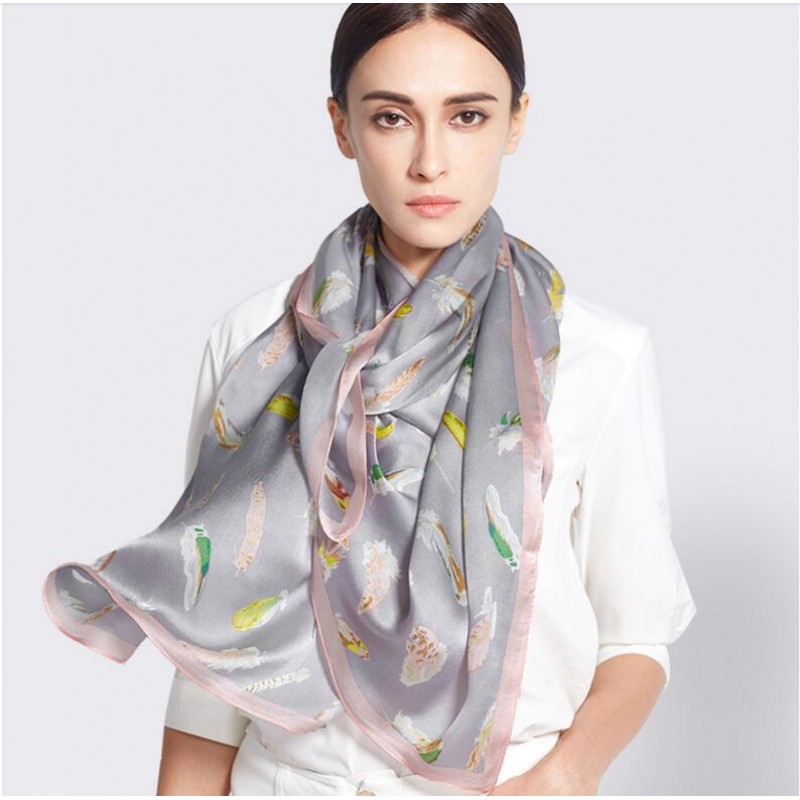 Pure Silk Scarf White Print Women Summer Scarf